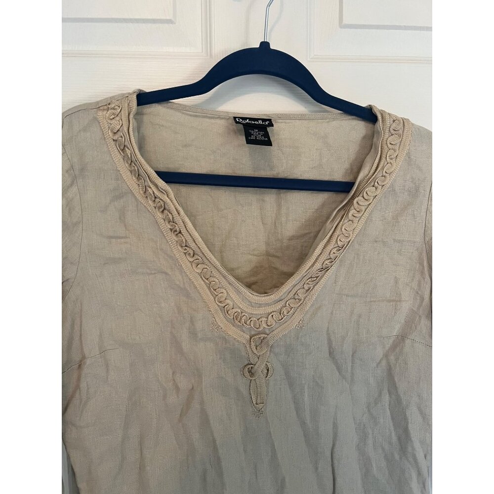 Rafaella 100% Linen Tan Pullover Long sleeve V-neck Tunic Blouse 12 - Picture 2 of 9